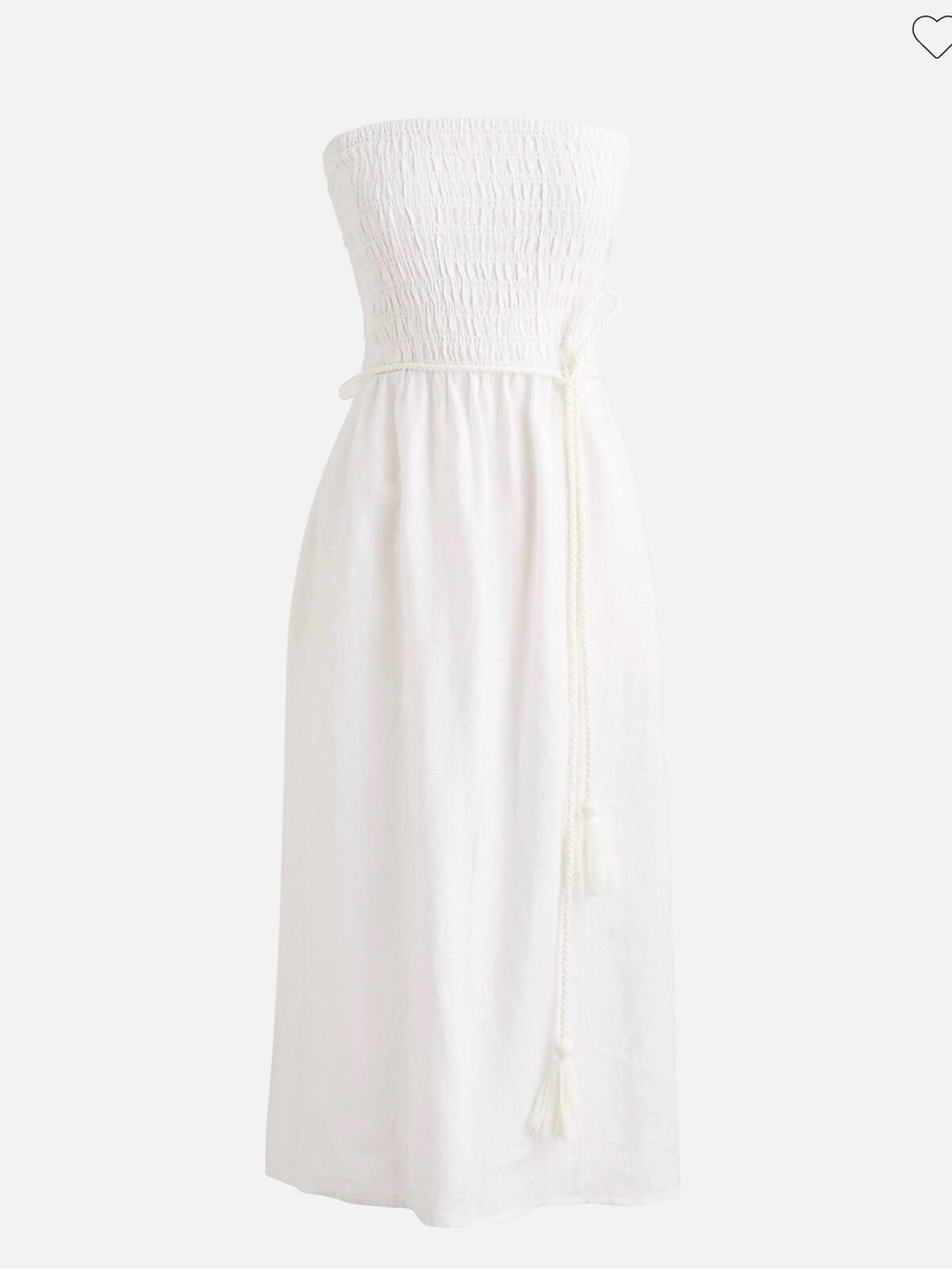 J. Crew White Strapless Smocked Midi Dress with Braided Tie